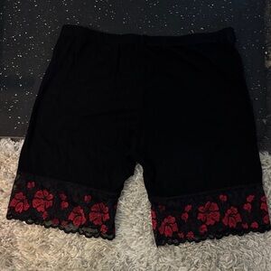Elegant Black Bike Shorts with Red Floral Lace